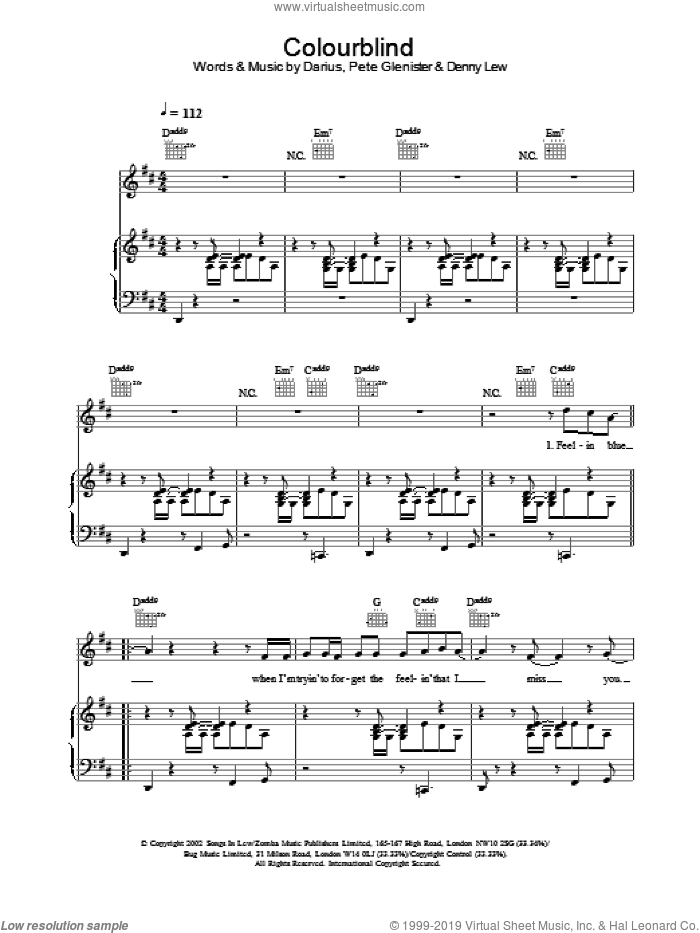 Colourblind sheet music for voice, piano or guitar by Darius, intermediate skill level