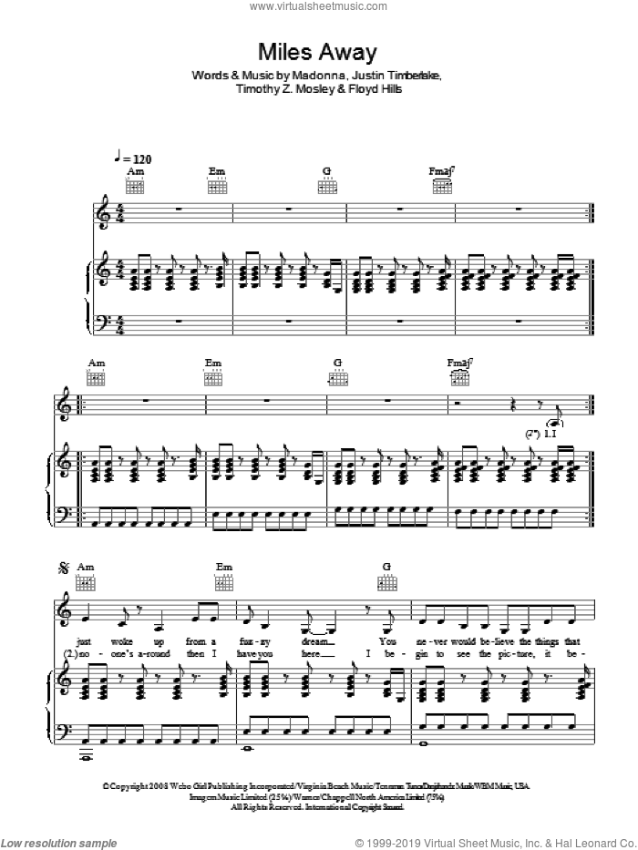 Miles Away sheet music for voice, piano or guitar by Madonna, Floyd Hills, Justin Timberlake and Tim Mosley, intermediate skill level