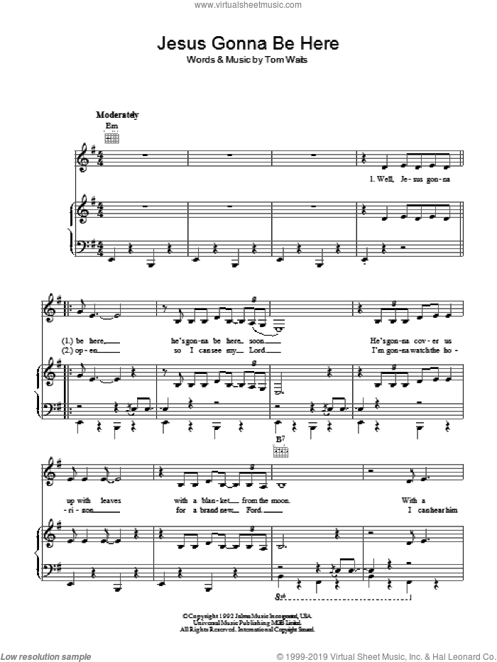Jesus Gonna Be Here sheet music for voice, piano or guitar by Tom Waits, intermediate skill level