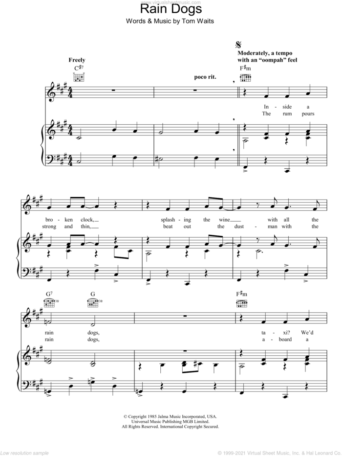 Rain Dogs sheet music for voice, piano or guitar by Tom Waits, intermediate skill level