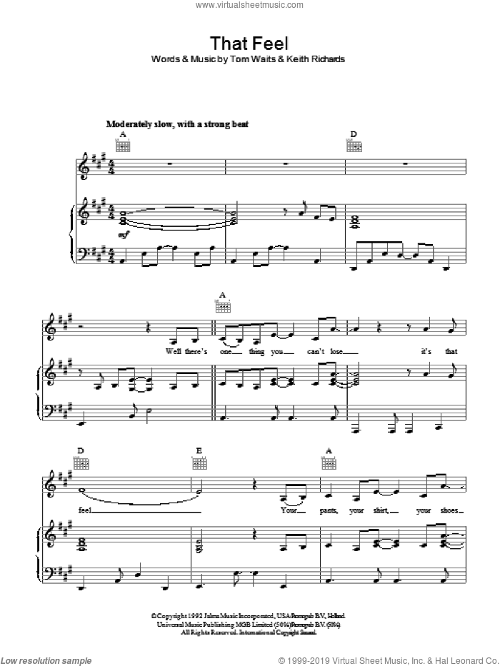 That Feel sheet music for voice, piano or guitar by Tom Waits and Keith Richards, intermediate skill level
