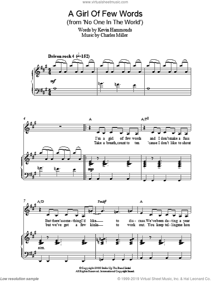 A Girl Of Few Words (from No One In The World) sheet music for piano solo by Charles Miller and Kevin Hammonds, easy skill level