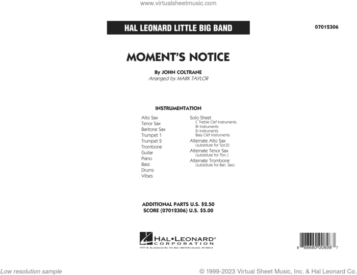 Moment's Notice (arr. Mark Taylor) (COMPLETE) sheet music for jazz band by John Coltrane and Mark Taylor, intermediate skill level