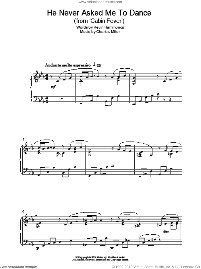 He Never Asked Me To Dance (from Cabin Fever) sheet music for piano solo by Charles Miller and Kevin Hammonds, easy skill level