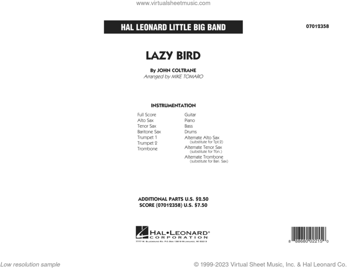 Lazy Bird (arr. Mike Tomaro) (COMPLETE) sheet music for jazz band by John Coltrane and Mike Tomaro, intermediate skill level