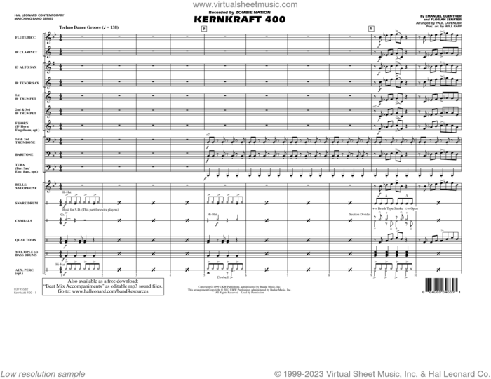 Kernkraft 400 (arr. Paul Lavender) (COMPLETE) sheet music for marching band by Zombie Nation, Emanuel Guenther, Florian Senfter, Paul Lavender and Will Rapp, intermediate skill level