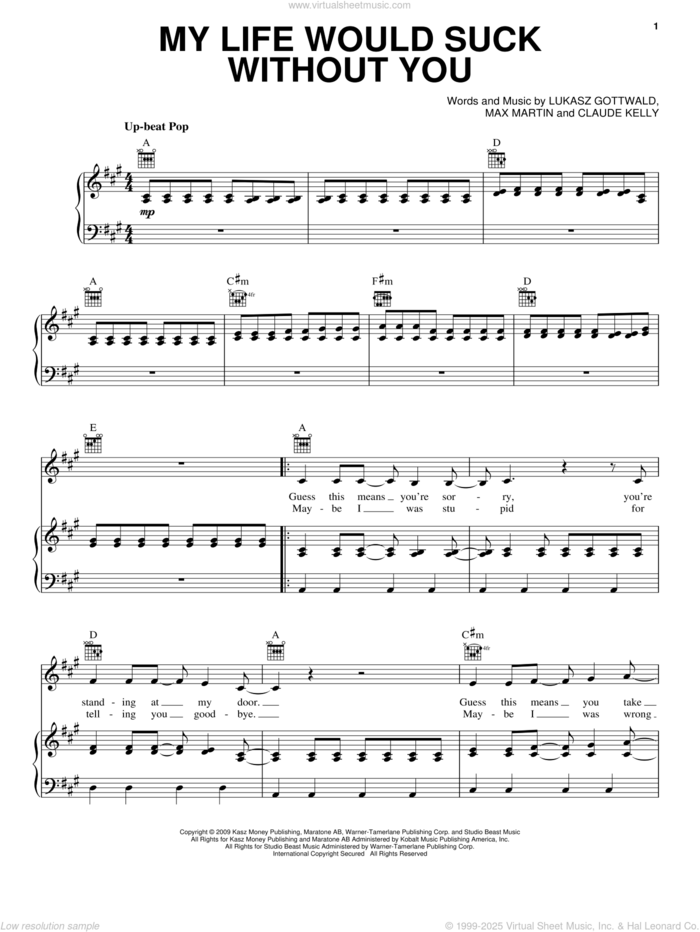 My Life Would Suck Without You sheet music for voice, piano or guitar by Kelly Clarkson, Miscellaneous, Claude Kelly, Lukasz Gottwald and Max Martin, intermediate skill level