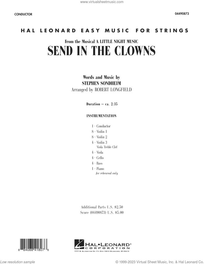 Send in the Clowns (from A Little Night Music) (arr Robert Longfield) sheet music for orchestra (full score) by Stephen Sondheim and Robert Longfield, intermediate skill level