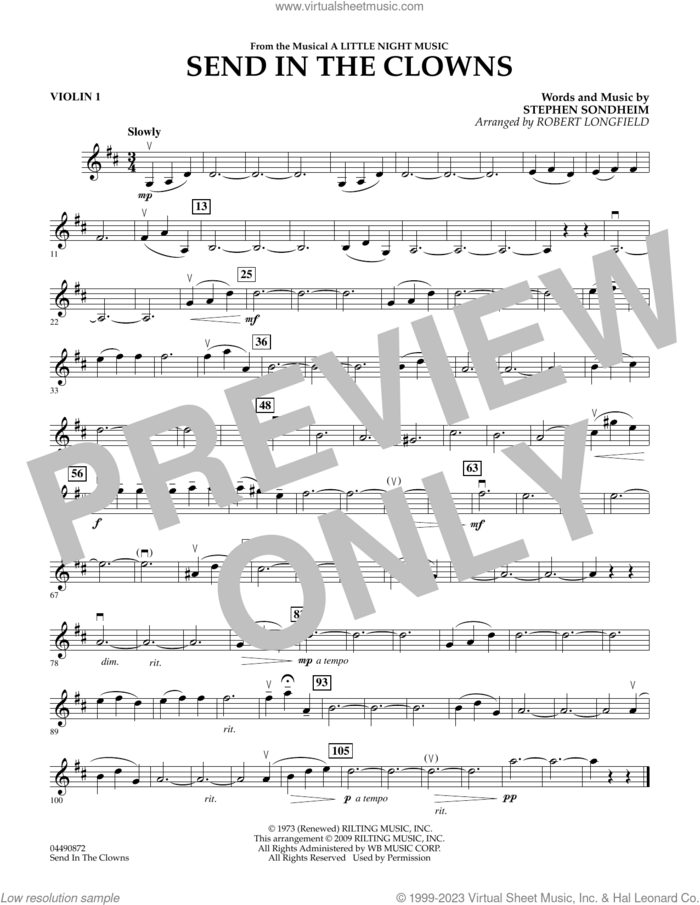 Send in the Clowns (from A Little Night Music) (arr Robert Longfield) sheet music for orchestra (violin 1) by Stephen Sondheim and Robert Longfield, intermediate skill level