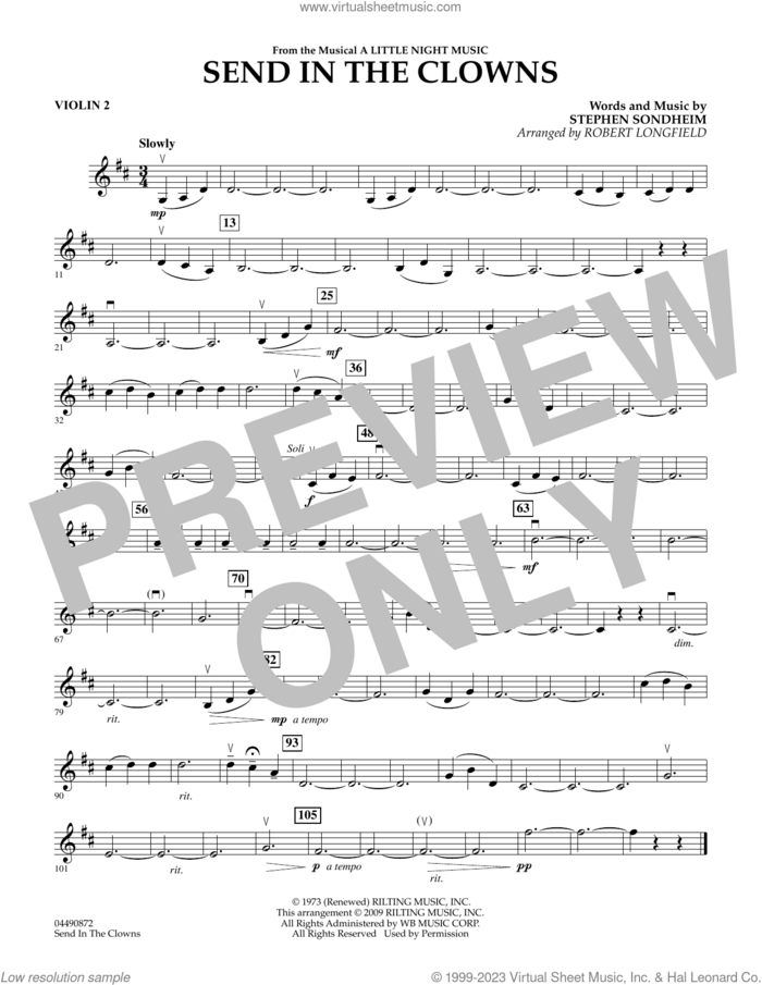 Send in the Clowns (from A Little Night Music) (arr Robert Longfield) sheet music for orchestra (violin 2) by Stephen Sondheim and Robert Longfield, intermediate skill level