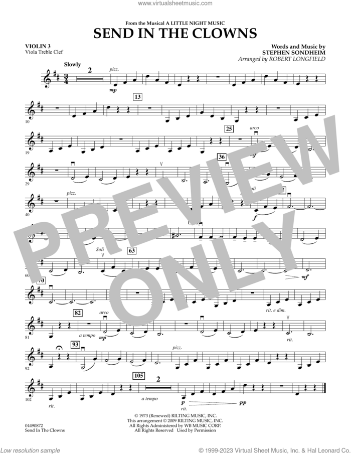 Send in the Clowns (from A Little Night Music) (arr Robert Longfield) sheet music for orchestra (violin 3, viola treble clef) by Stephen Sondheim and Robert Longfield, intermediate skill level