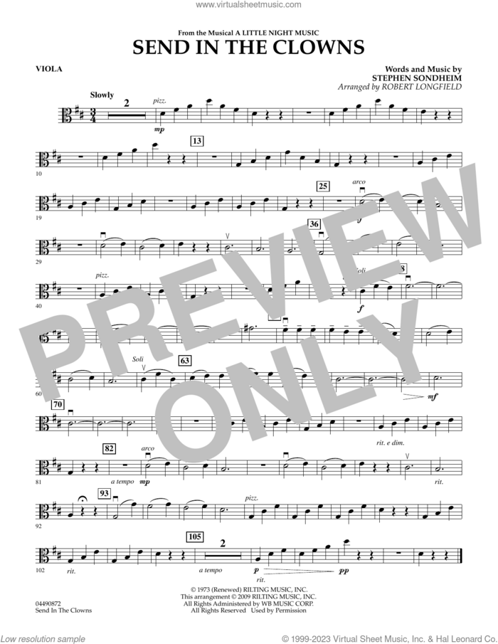 Send in the Clowns (from A Little Night Music) (arr Robert Longfield) sheet music for orchestra (viola) by Stephen Sondheim and Robert Longfield, intermediate skill level