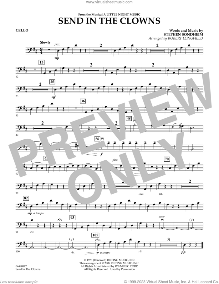 Send in the Clowns (from A Little Night Music) (arr Robert Longfield) sheet music for orchestra (cello) by Stephen Sondheim and Robert Longfield, intermediate skill level