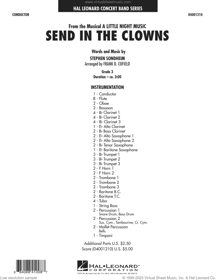 Send in the Clowns (from A Little Night Music) (arr. Frank Cofield) (COMPLETE) sheet music for concert band by Stephen Sondheim and Frank Cofield, intermediate skill level