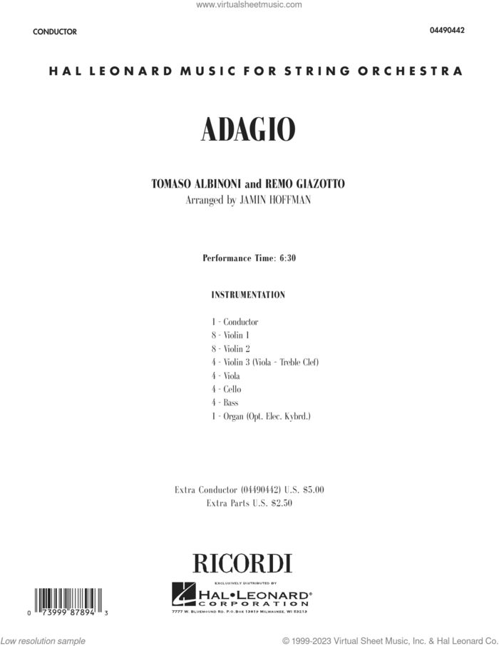 Adagio (arr. Jamin Hoffman) (COMPLETE) sheet music for orchestra by Tomaso Albinoni, Jamin Hoffman, Remo Giazotto and Tomaso Albinoni & Remo Giazotto, classical score, intermediate skill level