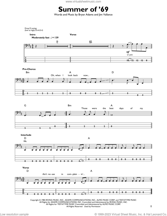 Summer Of '69 sheet music for bass solo by Bryan Adams and Jim Vallance, intermediate skill level