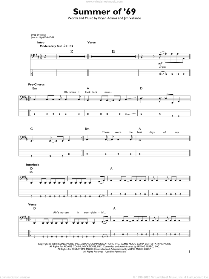 Summer Of '69 sheet music for bass solo by Bryan Adams and Jim Vallance, intermediate skill level