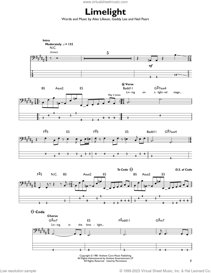Limelight sheet music for bass solo by Rush, Alex Lifeson, Geddy Lee and Neil Peart, intermediate skill level