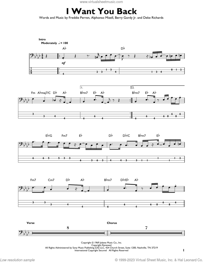 I Want You Back sheet music for bass solo by The Jackson 5, Alphonso Mizell, Berry Gordy Jr., Deke Richards and Frederick Perren, intermediate skill level