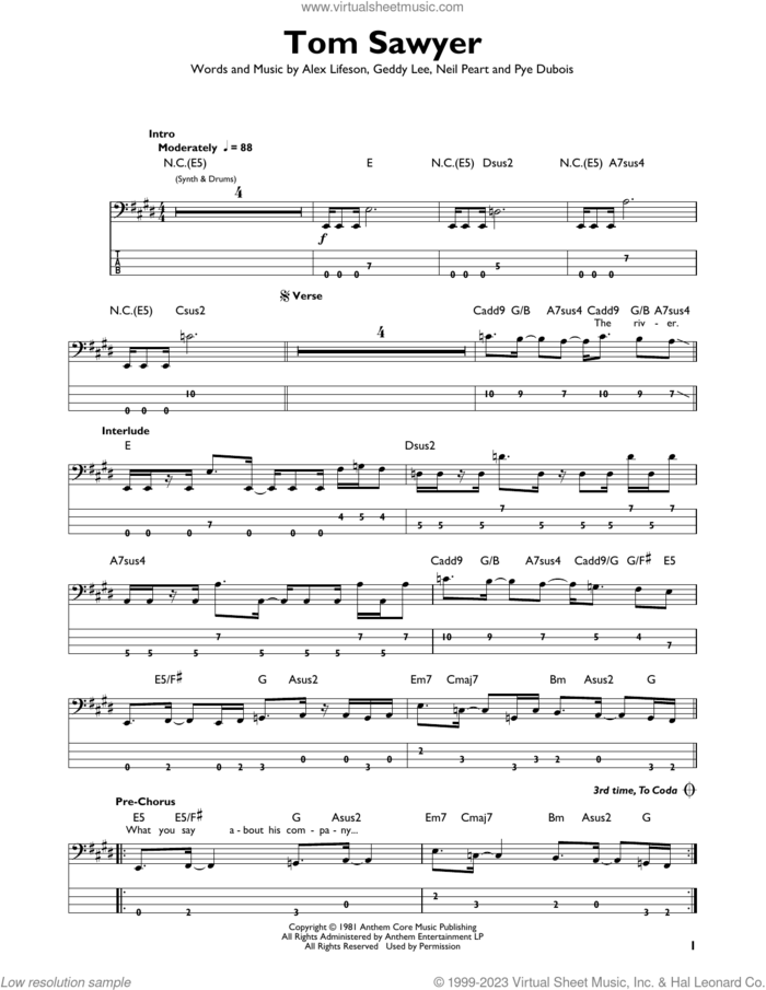 Tom Sawyer sheet music for bass solo by Rush, Alex Lifeson, Geddy Lee, Neil Peart and Pye Dubois, intermediate skill level