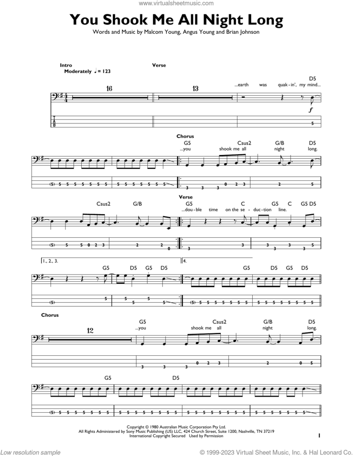 You Shook Me All Night Long sheet music for bass solo by AC/DC, Angus Mckinnon Young, Brian Johnson and Malcolm Mitchell Young, intermediate skill level