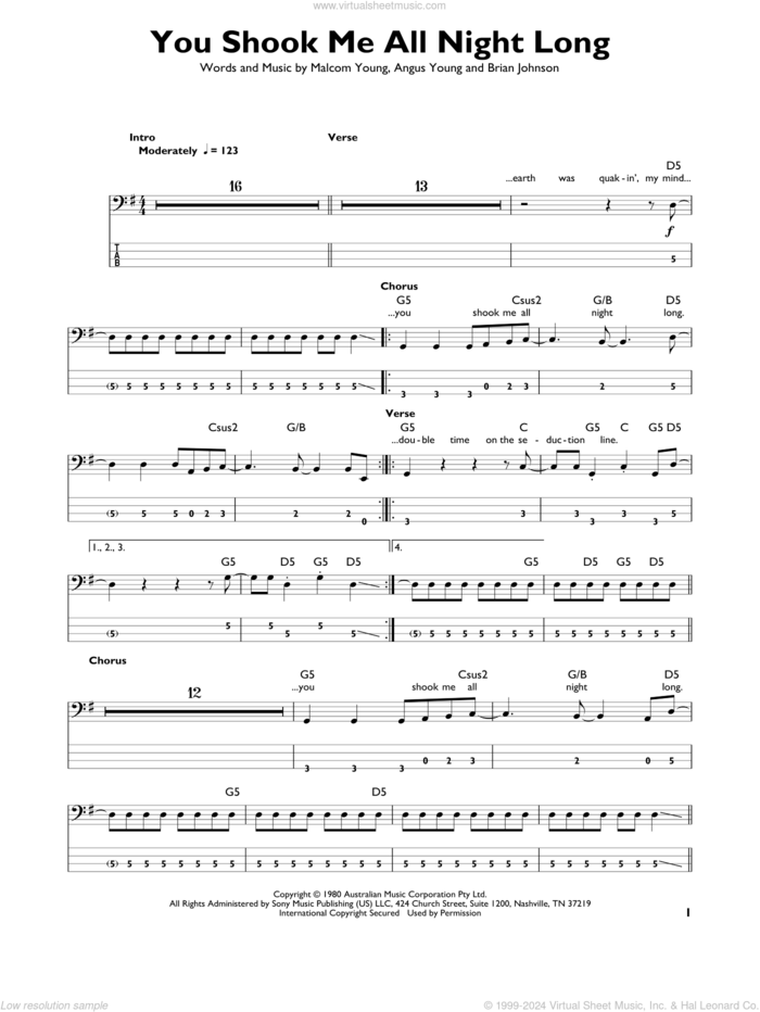 You Shook Me All Night Long sheet music for bass solo by AC/DC, Angus Mckinnon Young, Brian Johnson and Malcolm Mitchell Young, intermediate skill level