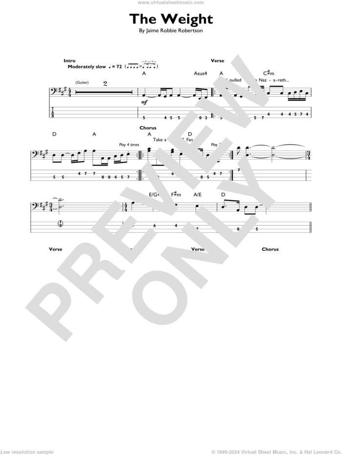 The Weight sheet music for bass solo by The Band and Robbie Robertson, intermediate skill level