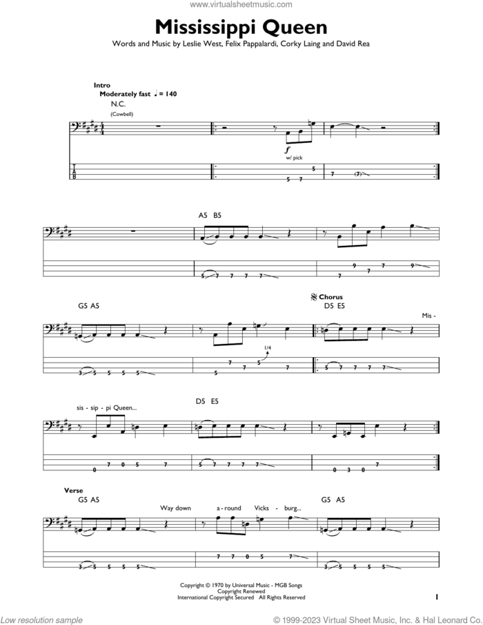 Mississippi Queen sheet music for bass solo by Mountain, Corky Laing, David Rea, Felix Pappalardi and Leslie West, intermediate skill level