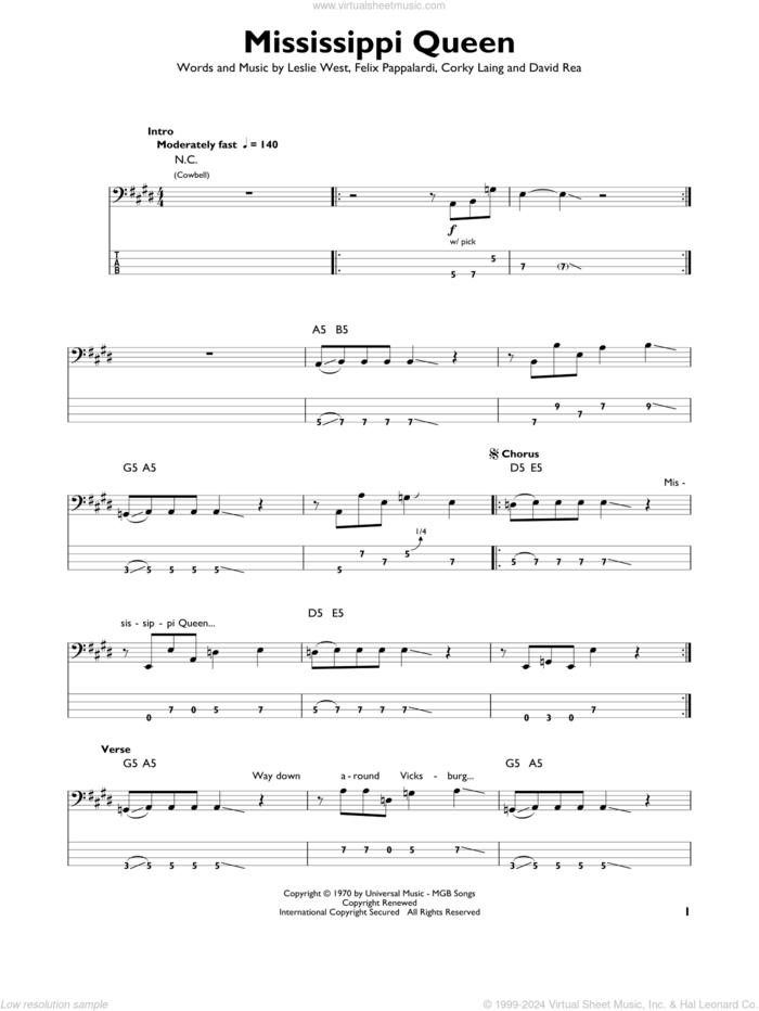 Mississippi Queen sheet music for bass solo by Mountain, Corky Laing, David Rea, Felix Pappalardi and Leslie West, intermediate skill level