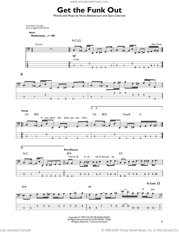 Get The Funk Out sheet music for bass solo by Extreme, Gary Cherone and Nuno Bettencourt, intermediate skill level