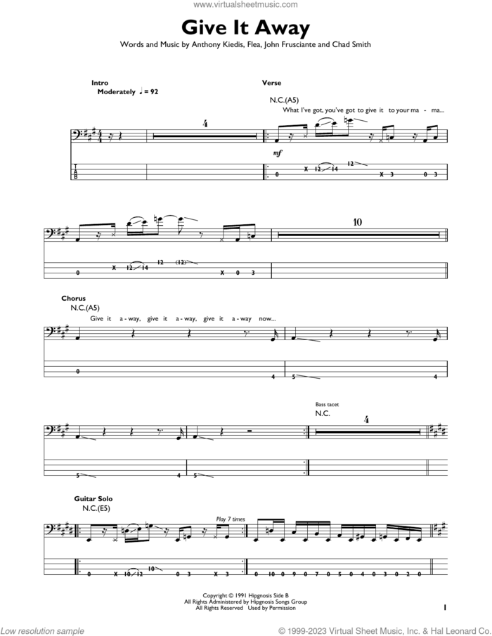 Give It Away sheet music for bass solo by Red Hot Chili Peppers, Anthony Kiedis, Chad Smith, Flea and John Frusciante, intermediate skill level