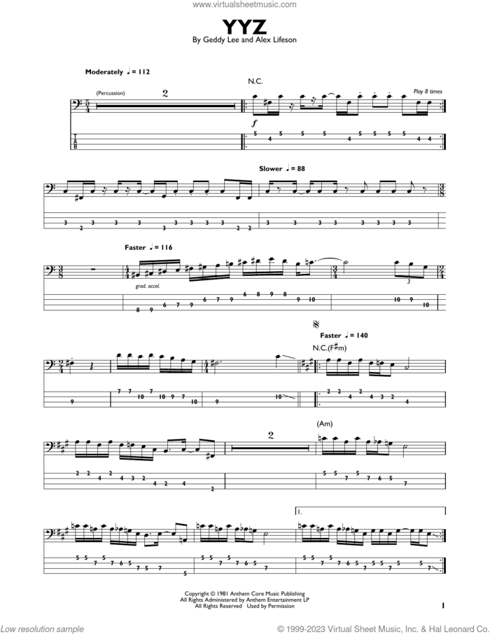 YYZ sheet music for bass solo by Rush, Alex Lifeson and Geddy Lee, intermediate skill level