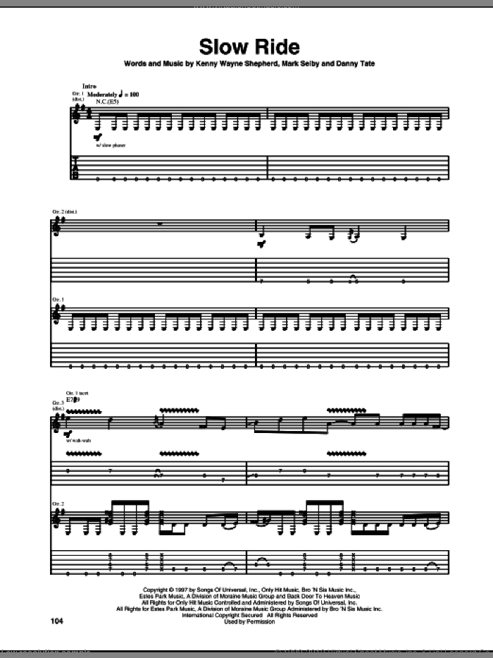 Slow Ride sheet music for guitar (tablature) by Kenny Wayne Shepherd, Danny Tate and Mark Selby, intermediate skill level