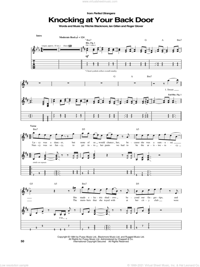Knocking At Your Back Door sheet music for guitar (tablature) by Deep Purple, Ian Gillan, Ritchie Blackmore and Roger Glover, intermediate skill level