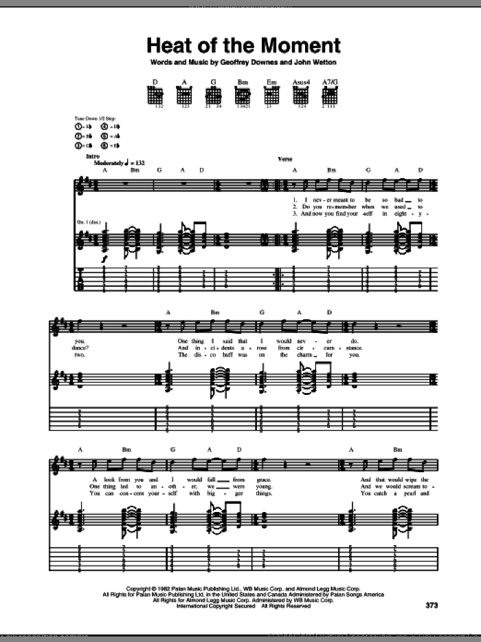 Heat Of The Moment sheet music for guitar (tablature) by Asia, Rock Of Ages (Musical), Geoff Downes and John Wetton, intermediate skill level