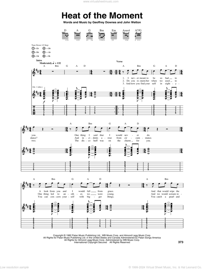 Heat Of The Moment sheet music for guitar (tablature) by Asia, Rock Of Ages (Musical), Geoff Downes and John Wetton, intermediate skill level