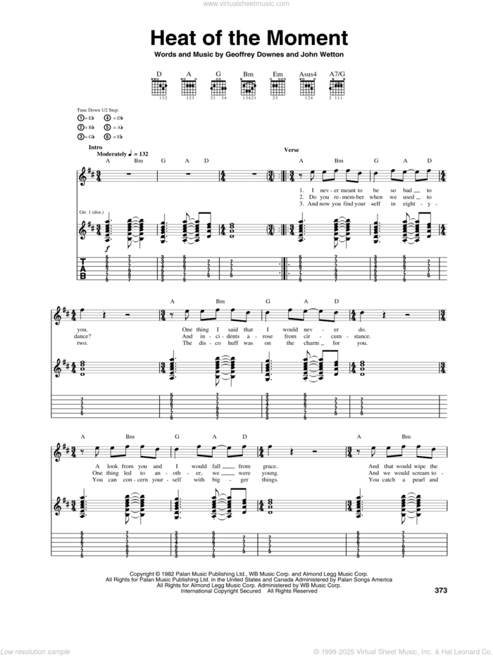 Heat Of The Moment sheet music for guitar (tablature) by Asia, Rock Of Ages (Musical), Geoff Downes and John Wetton, intermediate skill level