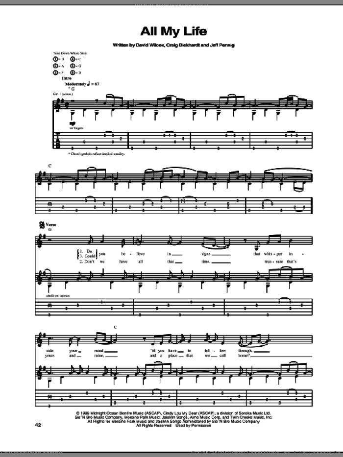 All My Life sheet music for guitar (tablature) by David Wilcox, Craig Bickhardt and Jeff Pennig, intermediate skill level