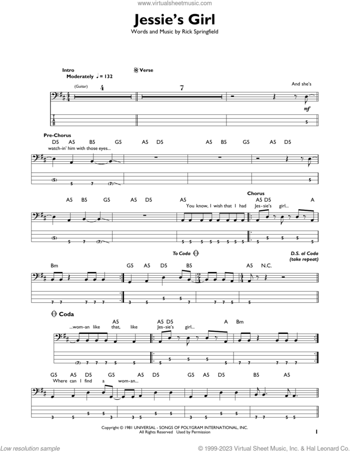 Jessie's Girl sheet music for bass solo by Rick Springfield, intermediate skill level