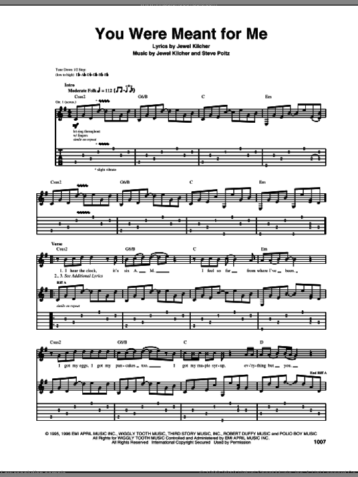 You Were Meant For Me sheet music for guitar (tablature) by Jewel, Jewel Kilcher and Steve Poltz, intermediate skill level