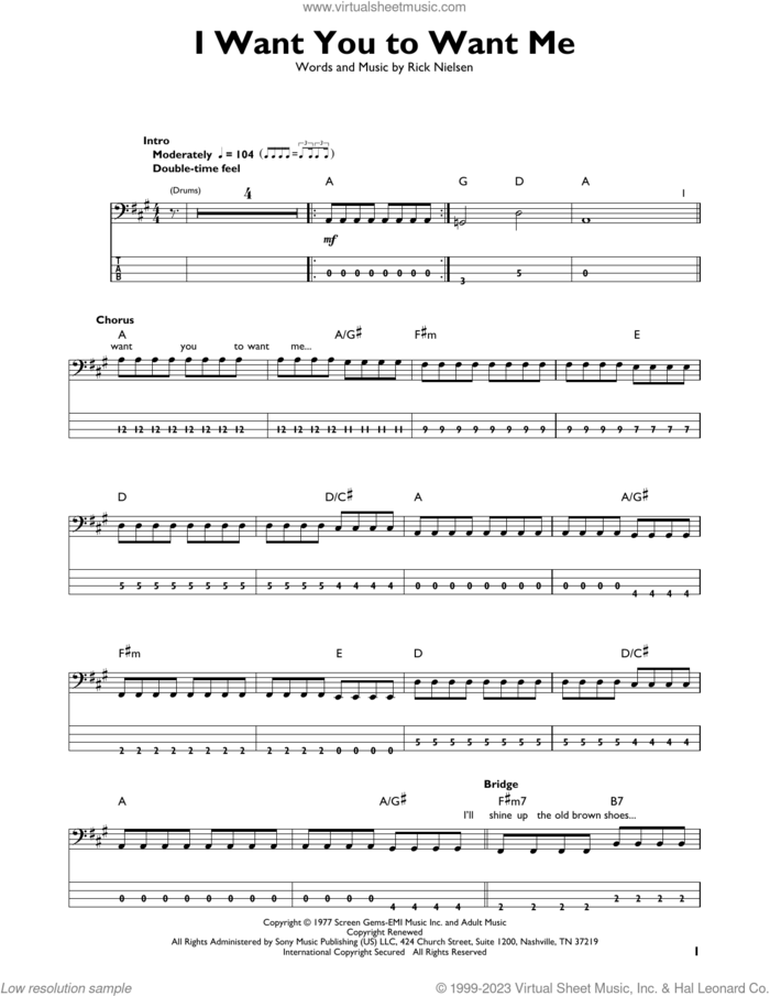 I Want You To Want Me sheet music for bass solo by Cheap Trick and Rick Nielsen, intermediate skill level