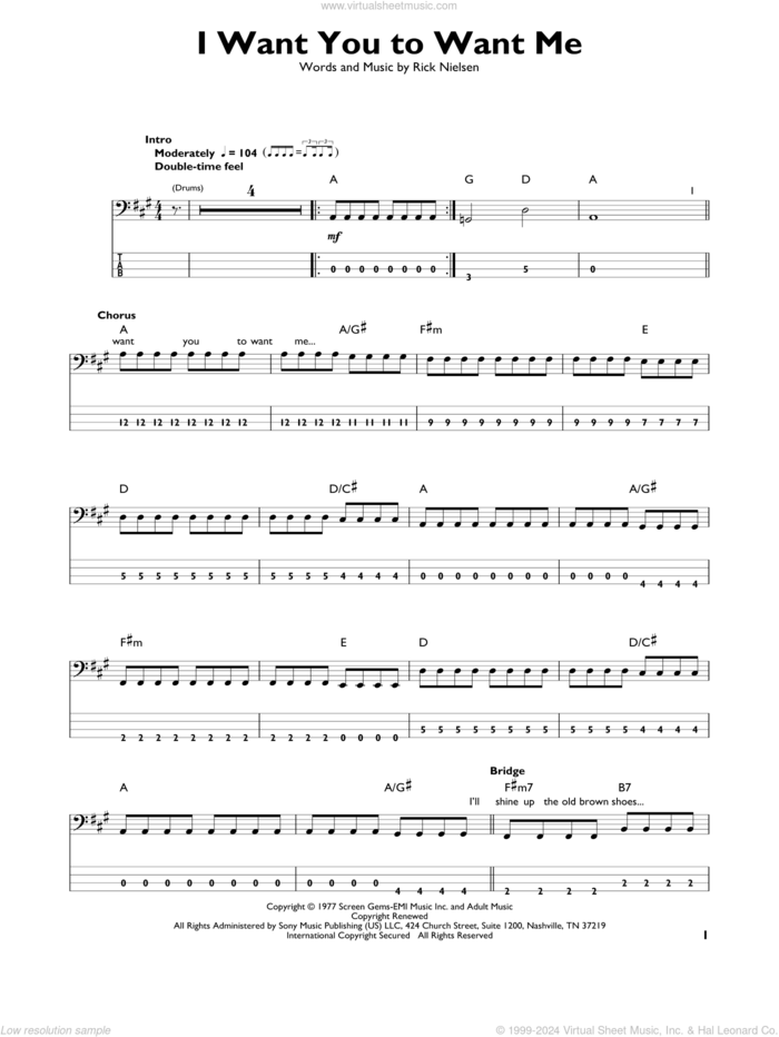 I Want You To Want Me sheet music for bass solo by Cheap Trick and Rick Nielsen, intermediate skill level