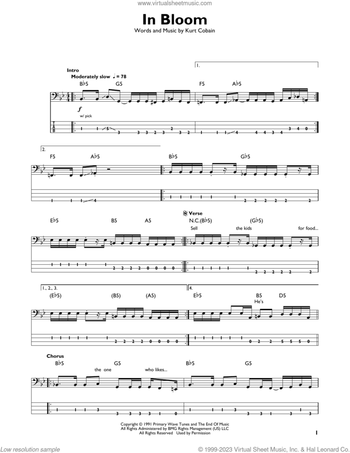 In Bloom sheet music for bass solo by Nirvana and Kurt Cobain, intermediate skill level