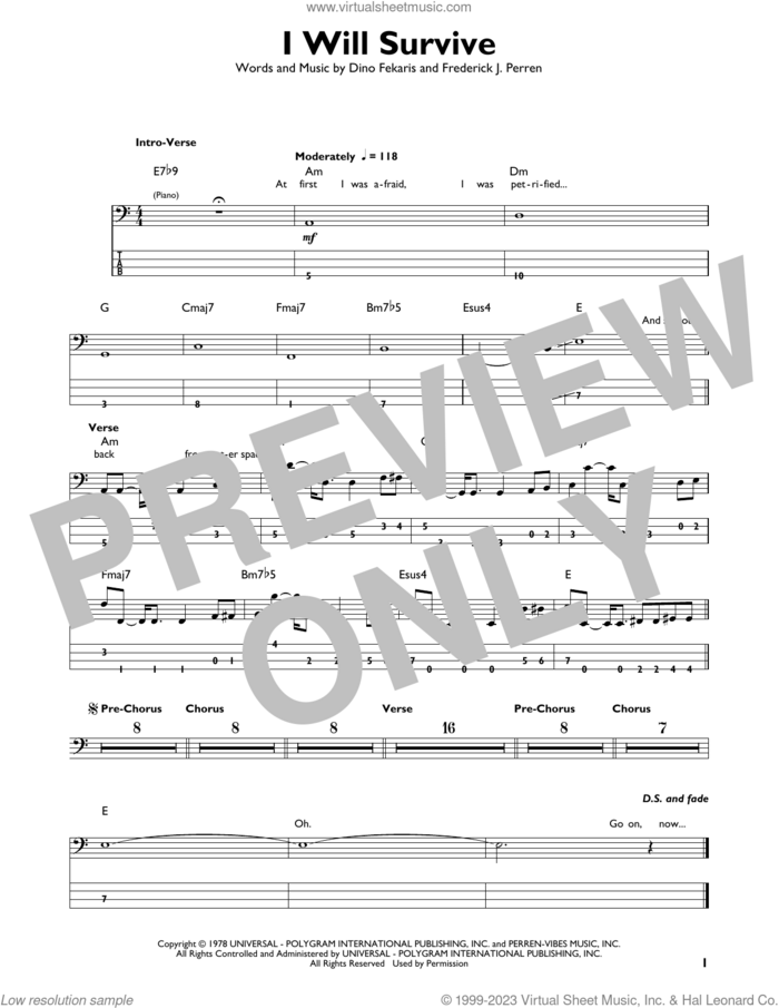 I Will Survive sheet music for bass solo by Gloria Gaynor, Dino Fekaris and Frederick Perren, intermediate skill level