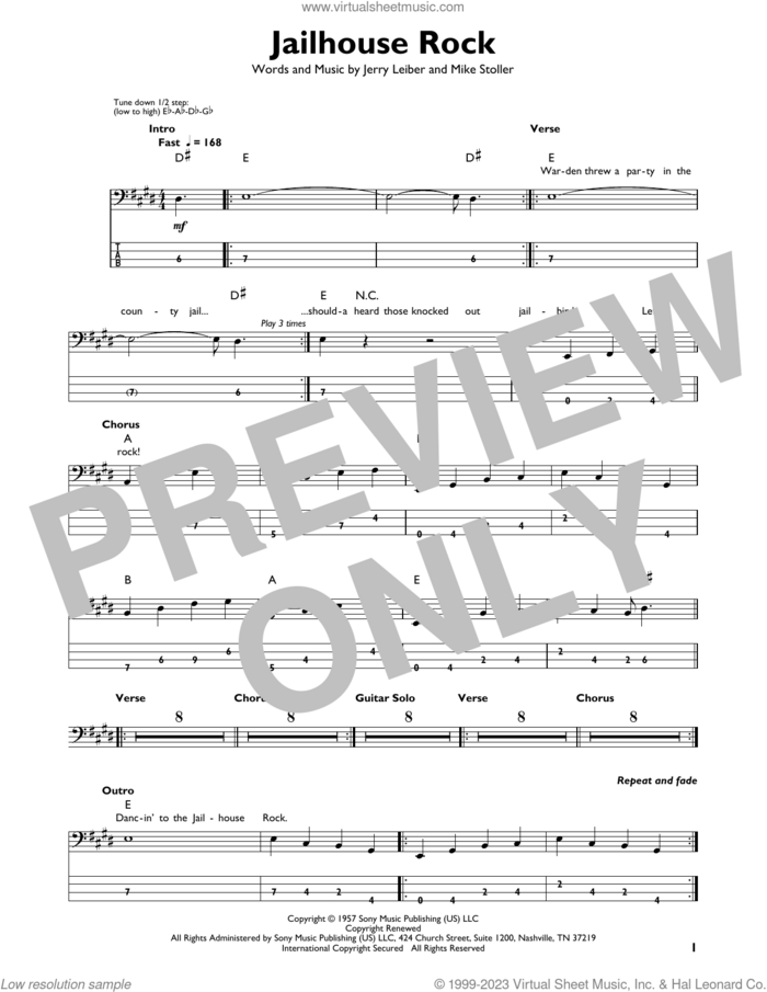 Jailhouse Rock sheet music for bass solo by Elvis Presley, Jerry Leiber and Mike Stoller, intermediate skill level