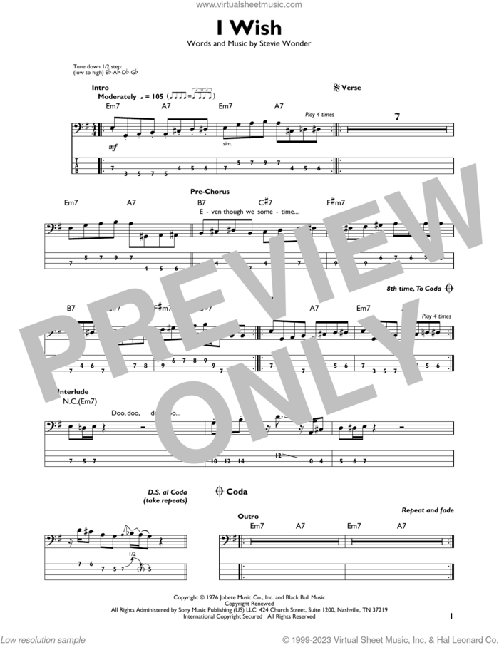 I Wish sheet music for bass solo by Stevie Wonder, intermediate skill level