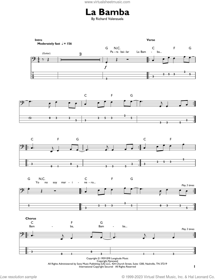 La Bamba sheet music for bass solo by Ritchie Valens, Los Lobos and Richard Valenzuela, intermediate skill level