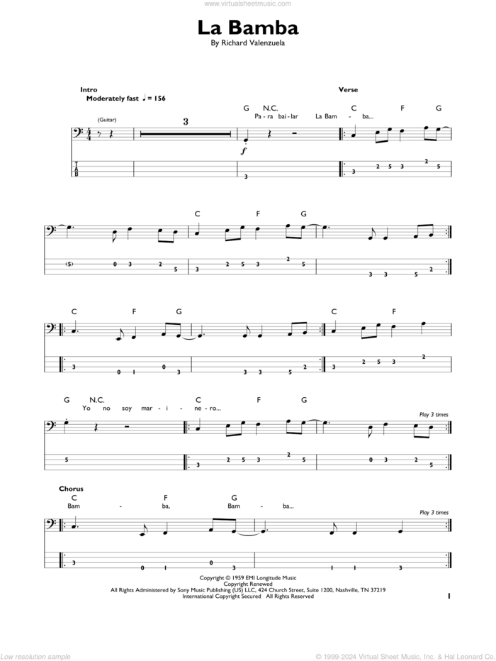 La Bamba sheet music for bass solo by Ritchie Valens, Los Lobos and Richard Valenzuela, intermediate skill level