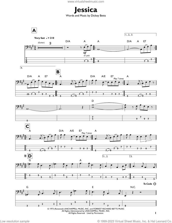 Jessica sheet music for bass solo by The Allman Brothers Band and Dickey Betts, intermediate skill level