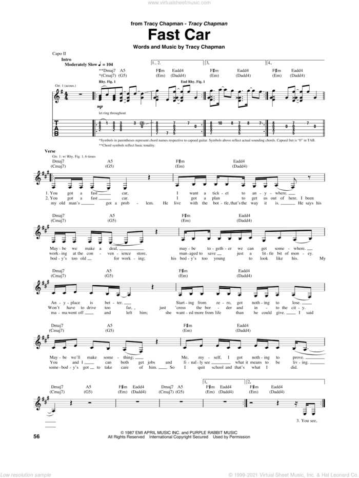 Fast Car sheet music for guitar (tablature) by Tracy Chapman, intermediate skill level